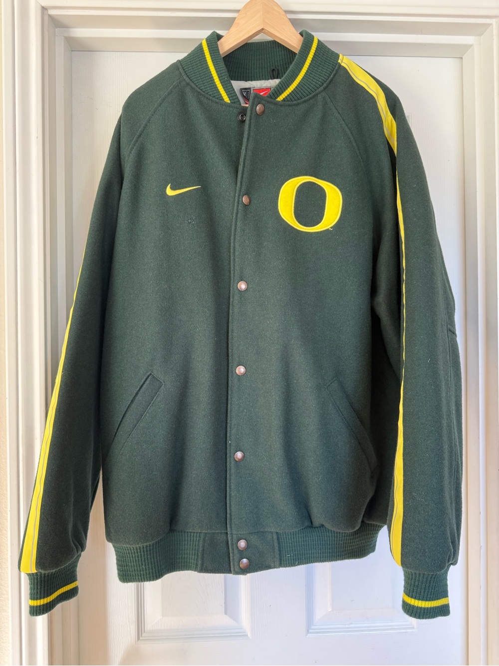 VTG Nike Green and Yellow Varsity Bomber Jacket with Oregon 'O'